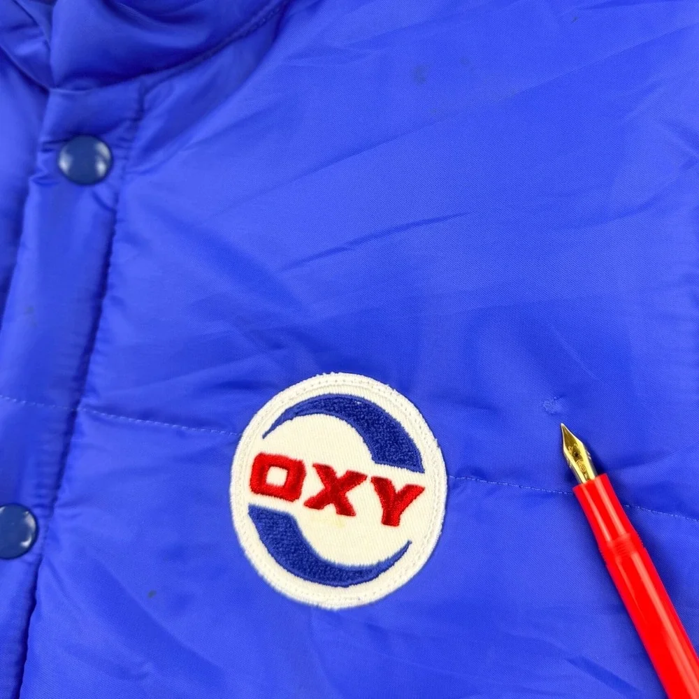 OXY Puffer Vest Men Large Royal Blue Nylon Quilted Snap Oil & Gas Vintage